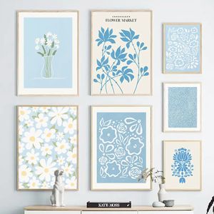 КАНВАСная живопись синяя цветочная стена искусство Нордическое рынок минимализм минимализм цветочные плакаты и принты абстрактные настенные картинки для декора гостиной wo6