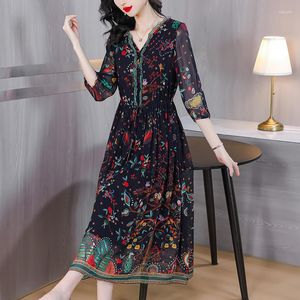 Casual Dresses 2023 Fashion Silk Printed Dress Women's Summer V-Neck Vintage Loose Fit Holiday Vestidos