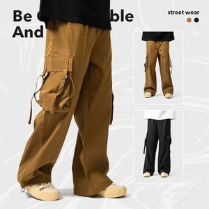 American High Street Cargo Pants 남자 도로 힙합 패션 라벨 멀티 포켓 기능 넓은 다리 직선 튜브 하룬 바지