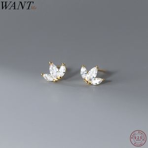 Stud WANTME 925 Sterling Silver Shiny Small Leaf Zircon Stud Earrings for Women Fashion Korean Teen Crown Piercing Pendientes Jewelry 230814