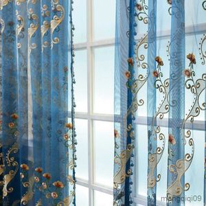 Vorhang Blau Luxus Stickerei Tüll Vorhänge für Wohnzimmer Schlafzimmer Fenster Gold Blumenvorhang Sheers Home Decor R230815
