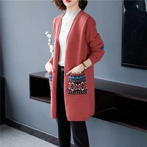 خمر طول الحياكة الطول cardigans النساء النمط الكوري كبير الحجم 4xl سترة سترة ربيع ناعم السترة مع جيب HKD230815