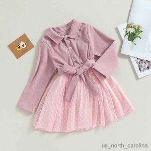 Flickans klänningar Autumn Kids Girls Dress Wedge Block Pattern Mesh Patchwork Collar Långärmklänning Fall Princess Dress med Belt R230815