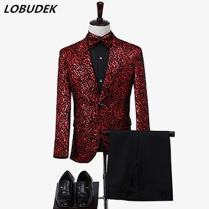 Ternos masculinos Blazers Vermelho Leopardo Lantejoulas Terno Moda Slim 3 Peças Set Host Singer Stage Performance Traje Casamento Blazers Tie Pants Outfits 230815