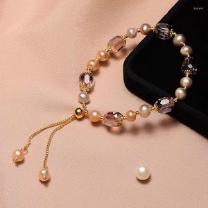 Strand Pink Freshwater Pearl Bracelet For Women Summer Accessories Girls Adjustable Size Purple Crystal Nice Gifts