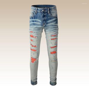 Men's Jeans Los Hombres Men Orange Patchwork Ripped Stacked Personality High Street Blue Patch Slim