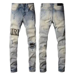 Ami Men's Brand Purple Jeans Patchesディテールバイカーフィットデニムジーンズメンメンズ用のスリムバイクヴィンテージの苦しめられた卸売