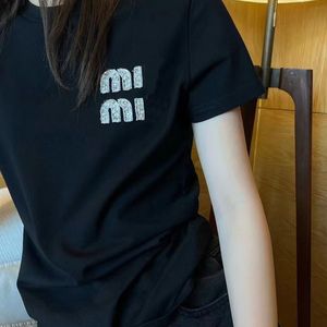 Miu digner t camisa feminina broca quente letras bordadas tshirts de algodão em torno do pescoço manga curta solta moda verão ladi topos