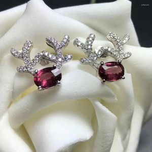 Stud Earrings Fashion Natural Red Garnet Elegant Small Lovely Deer Gemstone 925 Silver Girl Jewelry