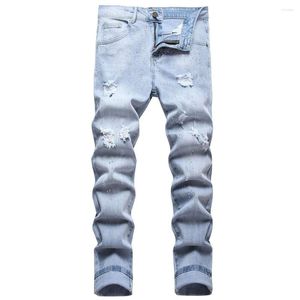 Herren Jeans Männer Kristall Denim Hellblau Blue Striet Hosenlöcher zerrissen schlanker gerade Hose