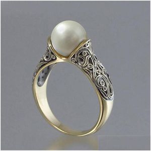 With Side Stones Ancient 14K Gold Plated Pearl Ring Womens Royal Elegant Jewelry Anniversary Gifts Us Size 6 7 8 9 10 Drop Delivery Dhl5X