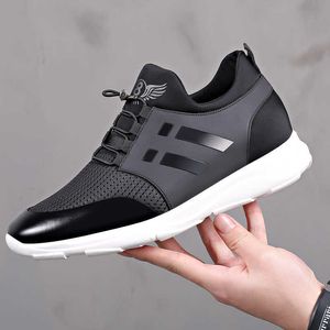 Runningskor 2023 Herrskor Kvalitet Lycra Cow Leather Shoes Brand 5cm Ökar brittiska skor Nya sommaren Black Man Casual Höjdskor 230803