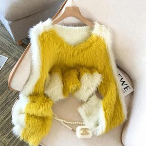 Women's Sweaters Mohair Knitted V Neck Crop Sweater Retro Color Block For Women Soft Cozy Korean Pullovers Autumn Casual Yellow Jumpers