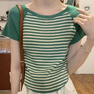 Women's T Shirts 2023 Summer Fashion Korean Striped Crop Tops Women Tshirt Drop Sleeve O-Neck Short Knitted Shirt Slim Hit Color Woman