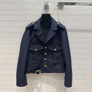 Navy Style black spring coat womens with Turn-Down Collar and Slim Belt