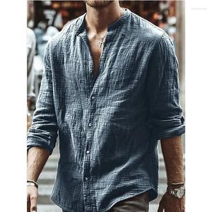 Men's Casual Shirts Solid Stand Collar Long Sleeve Shirt Linen Cardigan Handsome And Blouses For Men Clothing