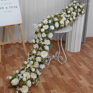 Dekorative Blumen weiß Rose Hortensie große Ball Künstliche grüne Pflanzen Blume Row Runner Hochzeit Kulisse Dekor Blumen Wand Party Requisiten