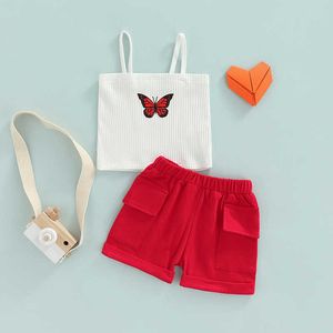 Conjuntos de roupas de verão 0-4 anos, lindos conjuntos de roupas para bebês meninas, 2 peças com estampa de borboleta, tops + shorts sólidos