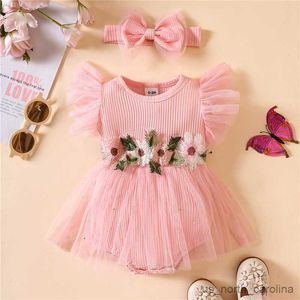 Mädchenkleider Neugeborenes Kind Mädchen Strampler Kleid Blume Stickerei Rib Strick Tüll Rock Saum Jumpsuits Babykleidung mit Stirnband -Outfits R230815