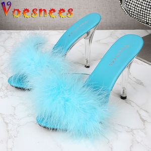 Chinelos Transparente Fur Slide Sapatos Design Verão Fluffy Feather Stiletto 11cm Sexy PVC Jelly Sandálias 230815