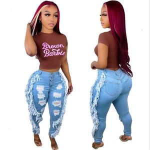 New Womens Jeans High Waisted designer Tassel Blue Pants Perforated Fashion Streetwear Clothing Sexy Slim Fit Small Foot Denim Leggings