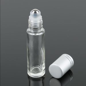 Glass Clear Essential Oils Roller flaskor påfyllningsbar 10 ml rull på parfym eteriska oljeflaskor med rostfritt stålrulle och silver RCXR