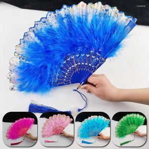 Decorative Figurines Chinese Feather Folding Fans Tassel Pendant Wedding Party Craft Gift Girls Dance Lace Fan Cosplay Prop Home Decoration