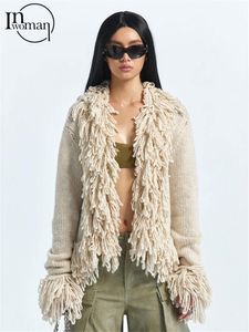 Jaquetas femininas inwoman inverno streetwear moda borla suéteres casacos para mulheres 2023 damasco manga longa gola de pele grossa cardigan jaqueta 230815