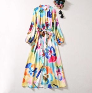 Pist elbiseleri Avrupa ve Amerikan Kadın Giyim Sonbahar Yeni Yuvarlak Boyun Uzun Kollu Renkli Çiçek Baskı Moda Kemer Elbisesi XXL
