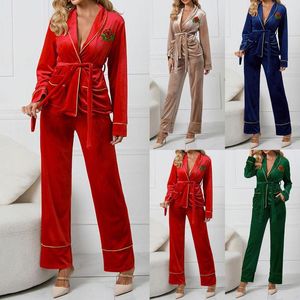 Women's Sleepwear Women Korean Velvet Embroidered Pajama Set Bandage Long Sleeve Shirt Trousers Home Wear Blouse Night Suit Ladies