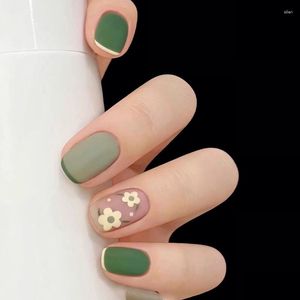 False Nails 24pcs Cute Green Short Flower French Design Fake Art Full Coverage Waterproof Removable Faux Press On Nail