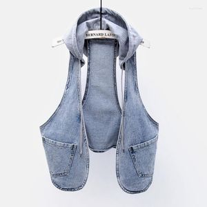 Kadın Yelekler Vintage Mavi Büyük Cep Denim Yelek Kadınlar hırka yelek kısa kovboy kolu çıkarılabilir kapüşonlu kot pantolon