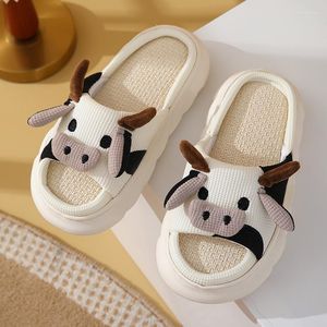 Slippers Four Seasons Cartoon Cow Linen Women Non-Slip Thick Bottom Comfortable Sandals Men Home Cotton Flat Shoes