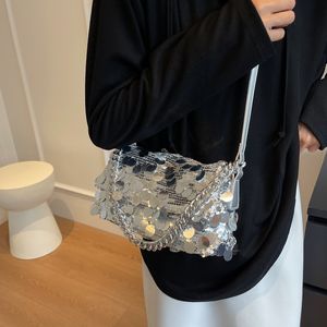 공장 도매 숙녀 어깨 가방 2 색 거리 패션 소프트 폴딩 체인 가방 절묘한 조커 실버 핸드백 반짝이는 스팽글 핸드백 0589#