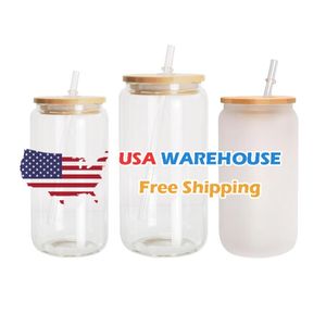 CA USA Warehouse wholesale 16oz Clear Frosted Sublimation Blanks Glass Mason Jar Beer Can Glass Cup With Bamboo Lid And Straw