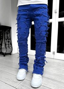 Jeans de remendo de alongamento para homens pesados ​​pesados ​​na rua Europeia e Americana High Street Straight Fit Jeans Long Jeans