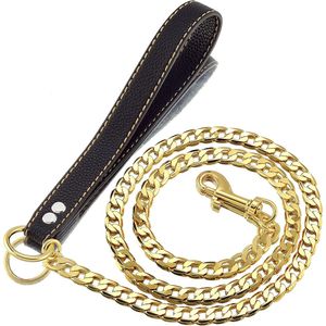 Dog Apparel Chain Leash 18K Gold Metal with Padded Handle Strong Anti bite Heavy Duty Pet Walking Training Lead for Large Dogs 230814