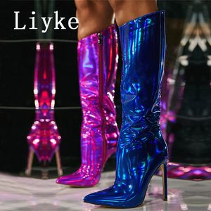 Boots Liyke Sexy Party Nightclub Stripper Knee High Female Green Smooth Patent Leather Pointed Toe Heel Shoes Zip Booties 230815