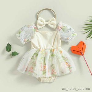 Mädchenkleider Prinzessin Baby Girls Blumener Rolmer Säugling Baby Puffhülle Rompers+Stirnband 2pcs Sommermädchen Tüll Kleid Jumpsuit R230815