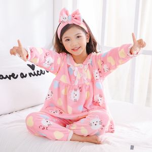 Pyjamas Big Girl Wear Herbst Winter Winter Langarm warm warmes Flanell Set süße Druck Nachtwäsche Senden Hair Band Weihnachtsgeschenk 230815