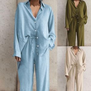 Women's Two Piece Pants 2023 Spring Casual Button Cotton Linen Pieces Sets Women Long Sleeve Loose Pant Set Plus Size Lady Office Outfits