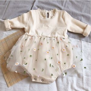 Rompers Focusnorm Born Baby Girls Knit Bodysuits Dress Long Sleeve Flowers Print Lace Patchwork Warm Jumpsuits Autumn Winter Outfits 230814