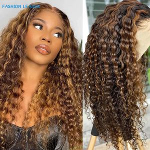 Highlight Wig Human Hair Deep Wave Frontal Wig 220%density T Part Ombre Transparent Lace Front Wig Curly Human Hair Wig 30 Inch