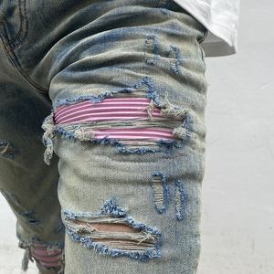 Jeans di qualità maschile los hombras uomini patchwork strappato personalità accumulata toppa blu slim