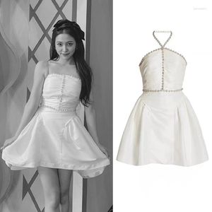 Casual Dresses Kpop Red Velvet Summer Vintage Sleeveless Rhinestone Halter Dress Women Party Sexig off-shoulder White Backless Slim Mini