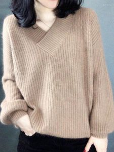 Kvinnors stickor Pullover Autumn Winter Loose White Long Sleeve Top V-Neck Solid Color Fashion Knitwear Sweaters for Women 2023