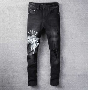 New Black Letter Angel Printing Slim Jeans mens jeans skinny Streetwear Motorcycle Pants Hip Hop Men Los Hombres