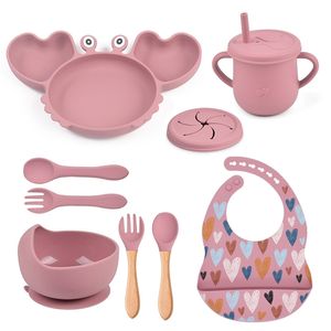 Tassen Geschirr Utensilien 9pcs Baby Silikon Nicht -Schlupf -Saugschüssel -Schüssel Löffel Wasserdichte Bib Cup Set Crab Food Fütterung für Kinder BPA kostenlos 230814