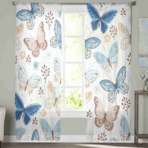 Cortina Flores de borboleta colorida folhas lindas cortinas de tule pura para a sala de estar decoração de vara de origem cor cortinas R230815