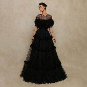 Gothic Black Tulle Prom Dresses Ruffles Floor Length Women Party Gowns Short Sleeve Formal Outfit Evening Dress